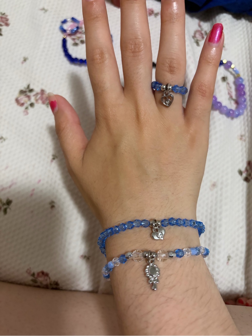 Blue Crystal Beaded Bracelet and Ring Set with Heart Charm